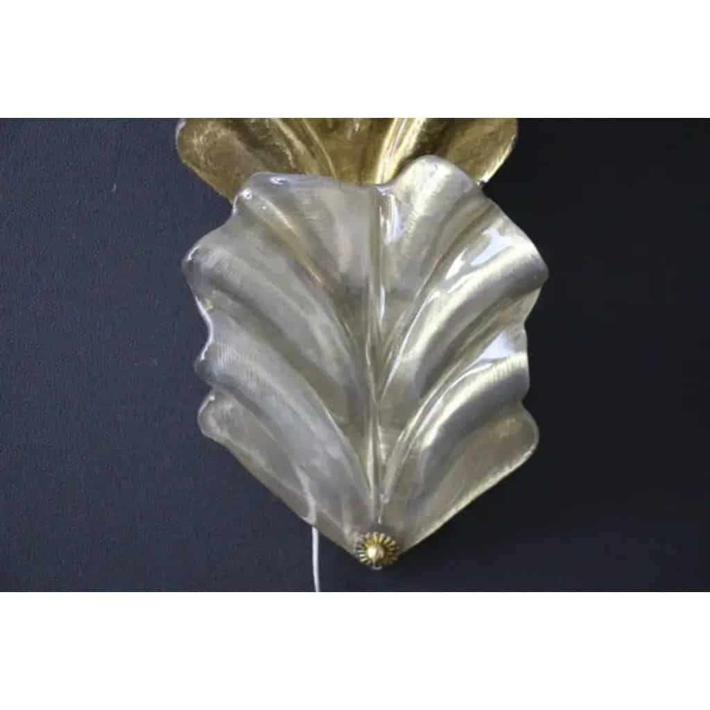 Paire d’appliques à feuilles en verre de Murano doré et blanc nacré de style Barovier 6