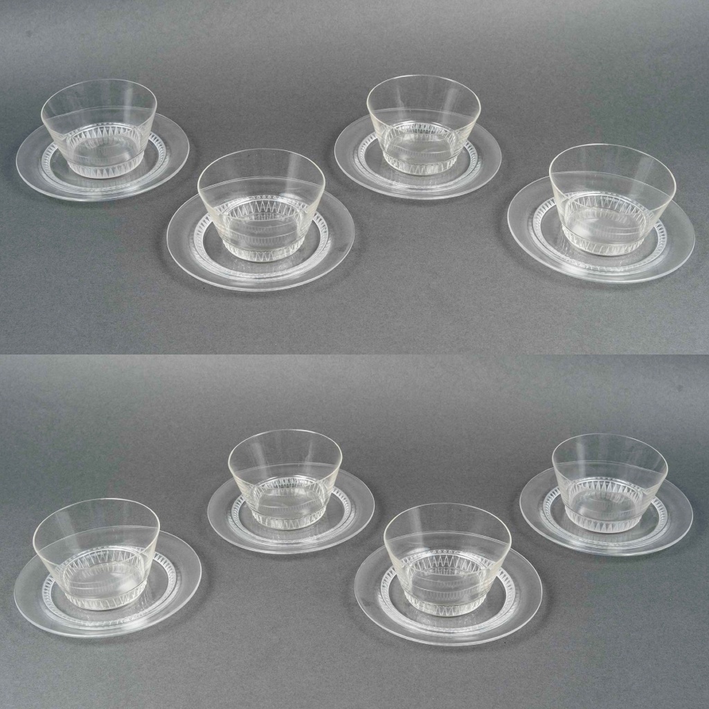 1933 René Lalique – Service Art Déco Bourgueil Verre Blanc – 8 Bols + 8 Assiettes 3