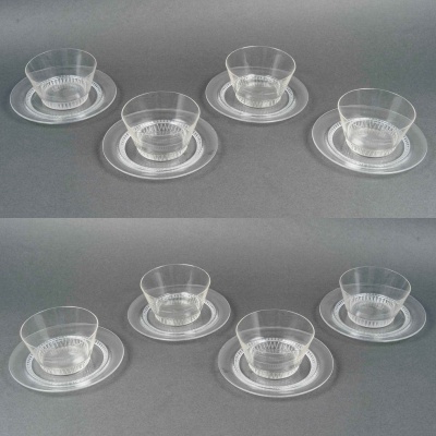 1933 René Lalique – Service Art Déco Bourgueil Verre Blanc – 8 Bols + 8 Assiettes