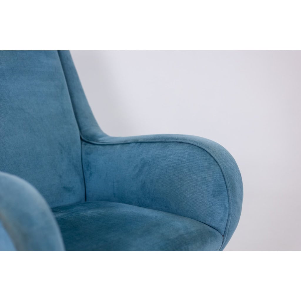 Fauteuil en velours bleu, piètement en hêtre. Années 1950. LS4410409A 7