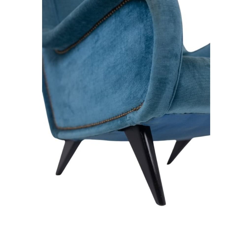 Fauteuil en velours bleu, piètement en hêtre. Années 1950. LS4410409A 8