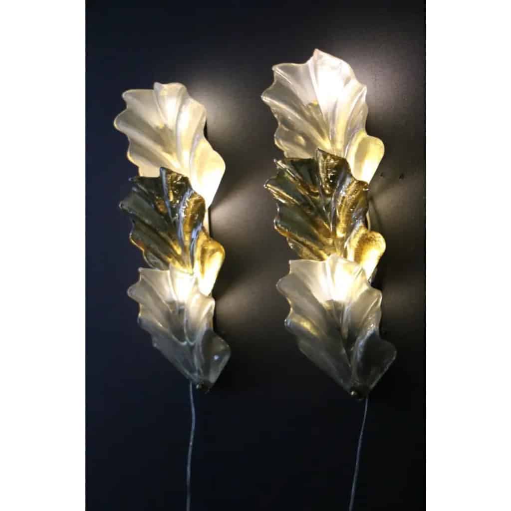 Paire d’appliques à feuilles en verre de Murano doré et blanc nacré de style Barovier 11