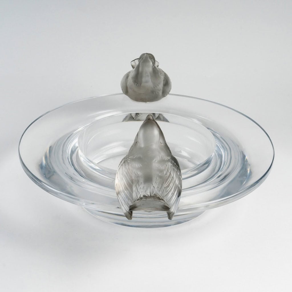 1930 René Lalique – Coupe Deux Moineaux Moqueurs Verre Blanc Patiné Gris 6