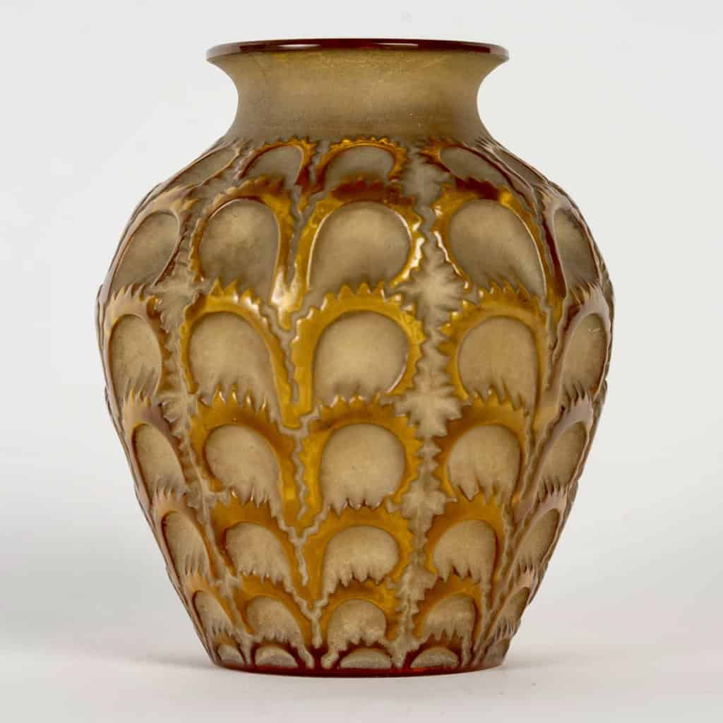 1931 René Lalique – Vase Laiterons Verre Jaune Ambré Patiné Sépia 4