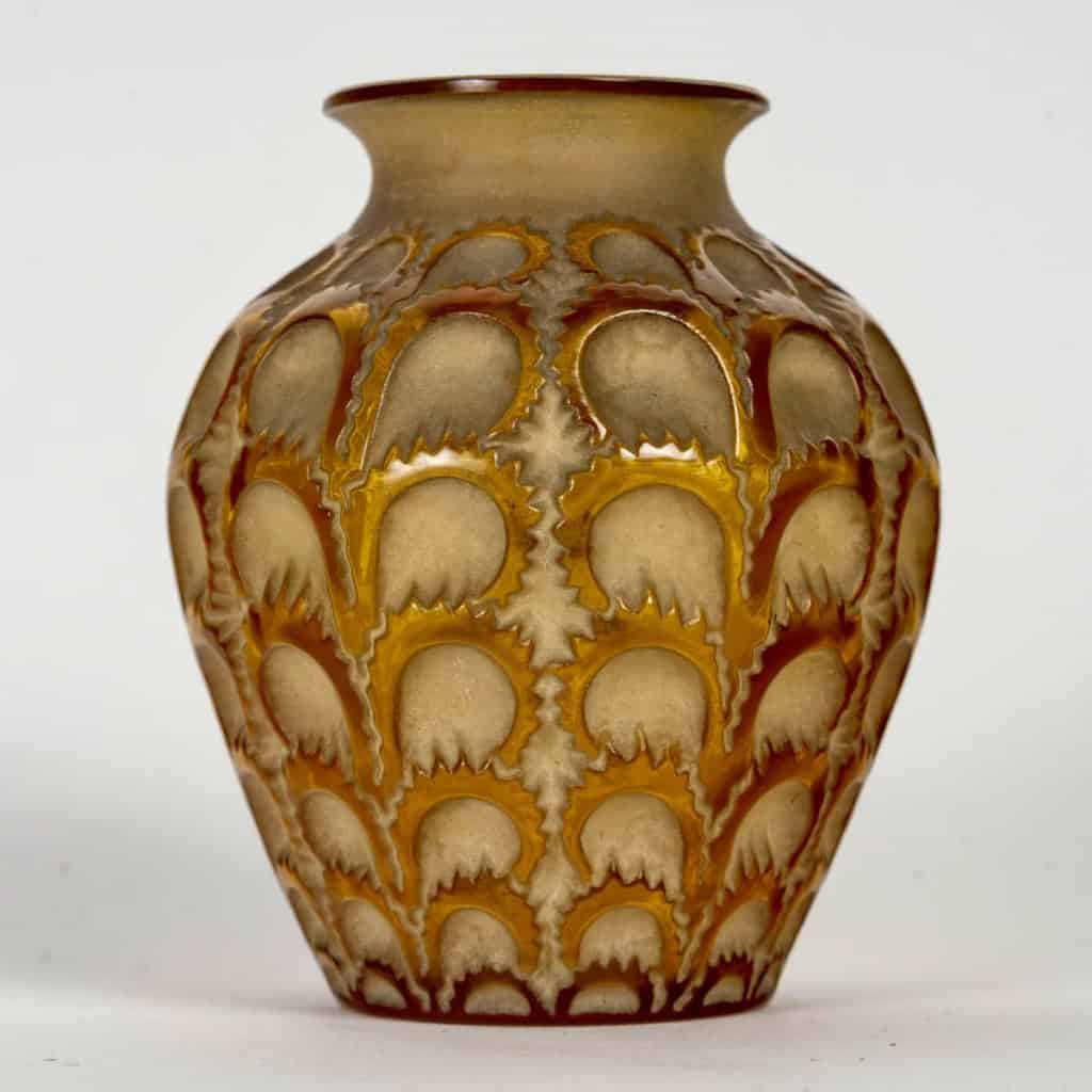 1931 René Lalique – Vase Laiterons Verre Jaune Ambré Patiné Sépia 3