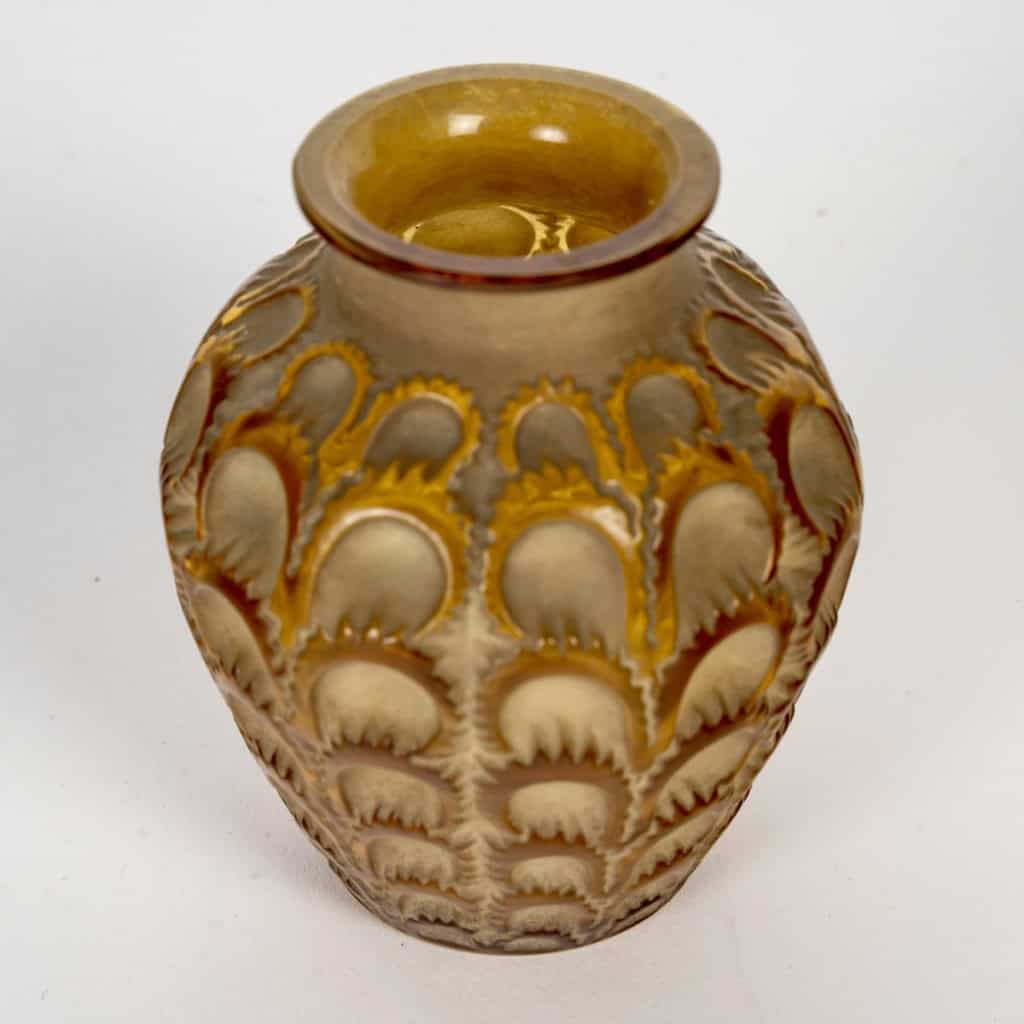 1931 René Lalique – Vase Laiterons Verre Jaune Ambré Patiné Sépia 5