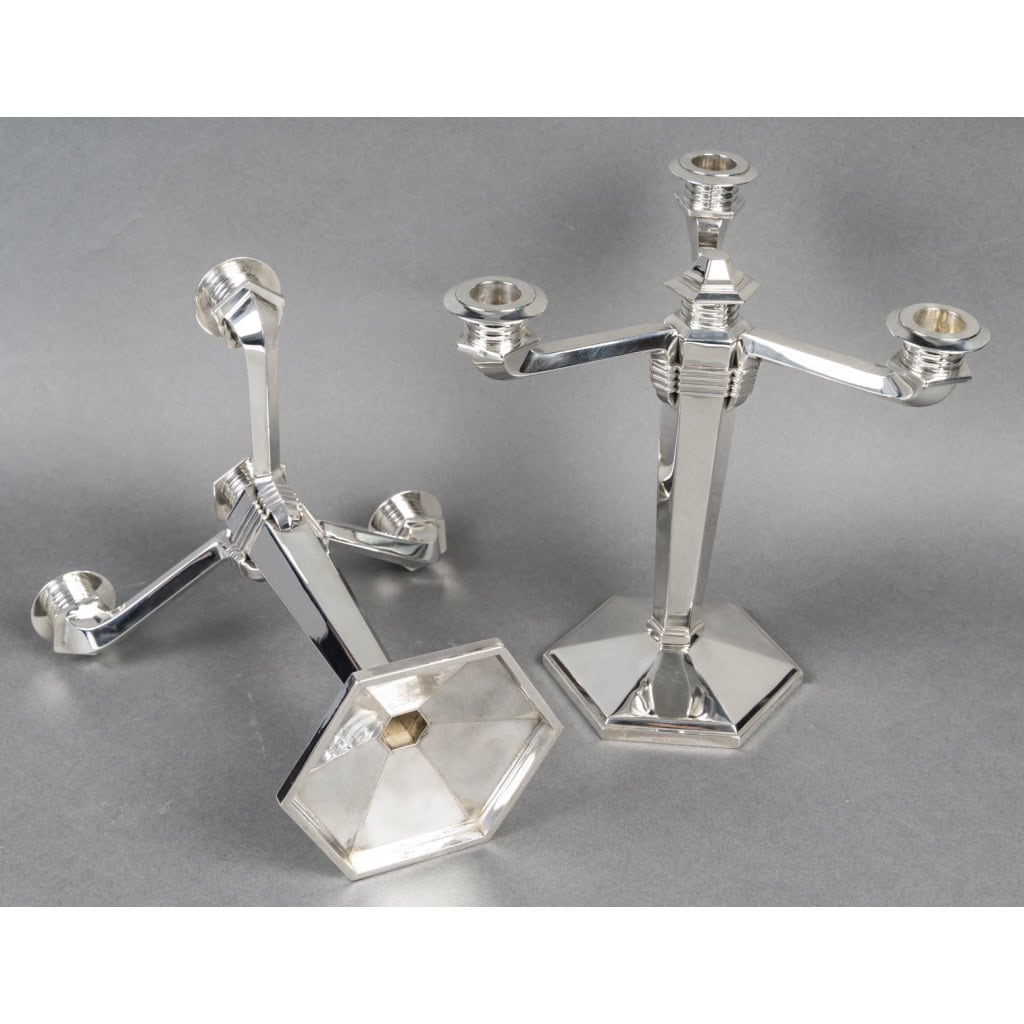 JEAN E. PUIFORCAT – Paire de candélabres en argent massif ART DECO vers 1930 17