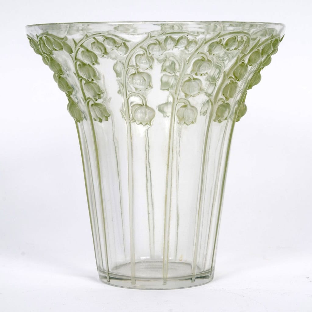 1939 René Lalique – Vase Muguet Verre Blanc Patiné Vert 3