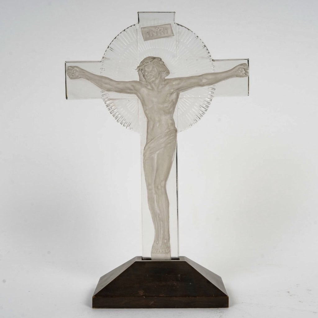 1932 René Lalique – Statuette Crucifix Christ Verre Blanc Patiné Gris 3