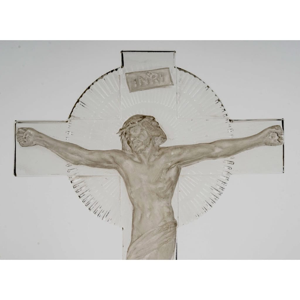 1932 René Lalique – Statuette Crucifix Christ Verre Blanc Patiné Gris 6