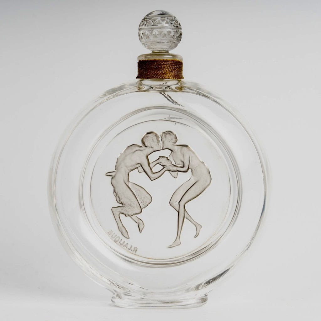 1928 René Lalique – Flacon Le Baiser Du Faune Verre Blanc Patiné Gris Pour Molinard 3