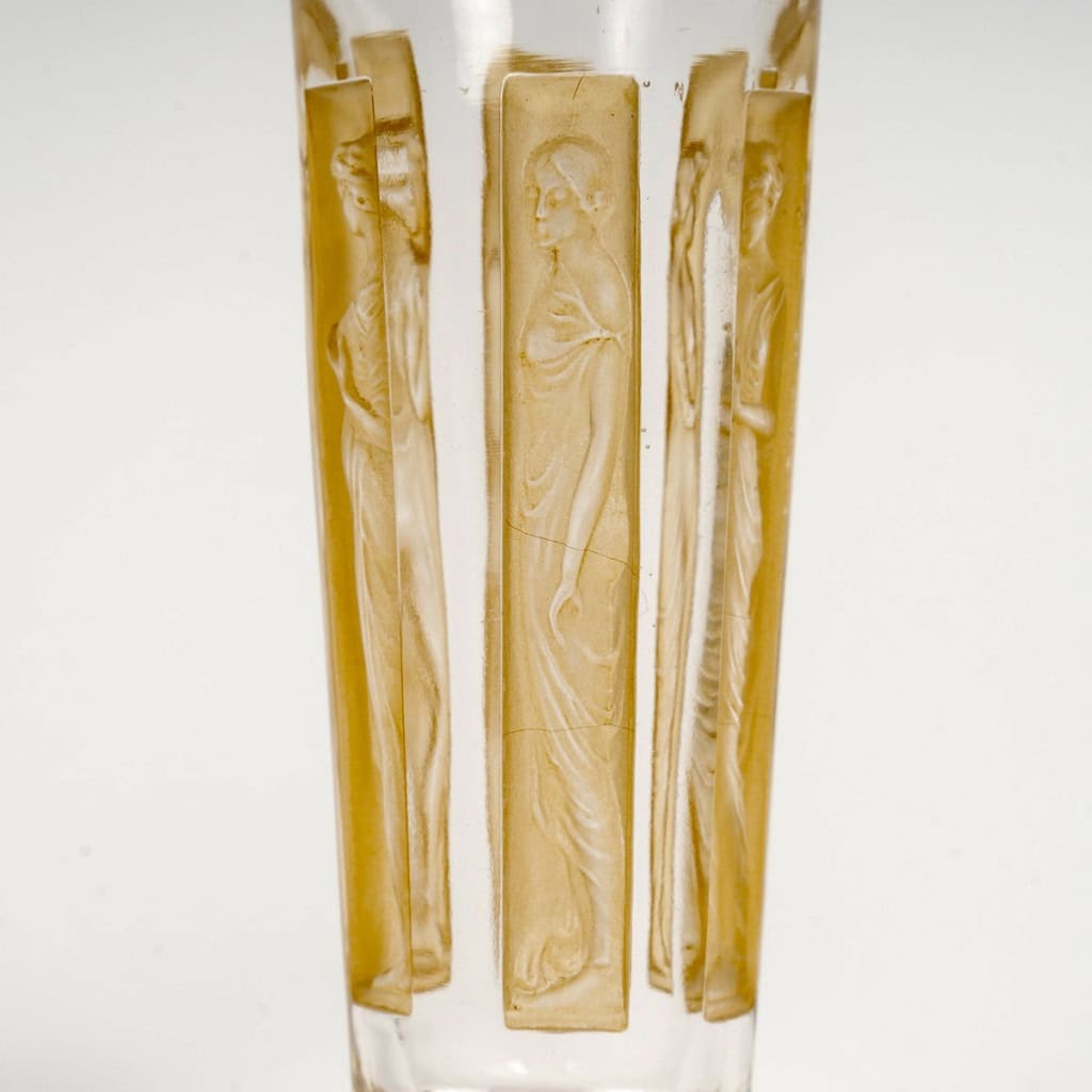 1911 René Lalique – Suite De 6 Gobelets Verres Six Figurines Verre Blanc Patiné Sépia 6