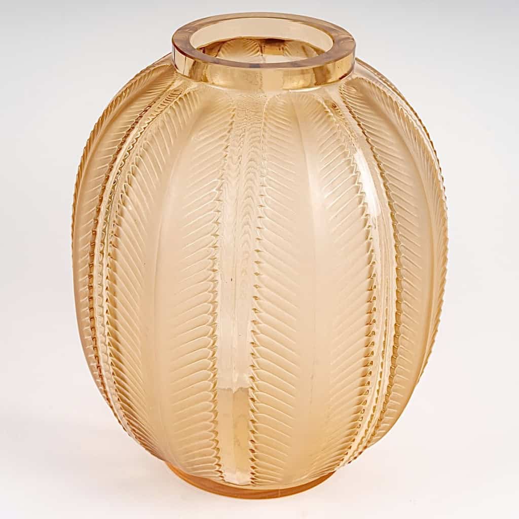 1932 René Lalique – Vase Biskra Verre Rose Orangé Patiné Blanc 4