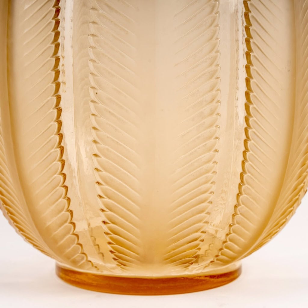 1932 René Lalique – Vase Biskra Verre Rose Orangé Patiné Blanc 6