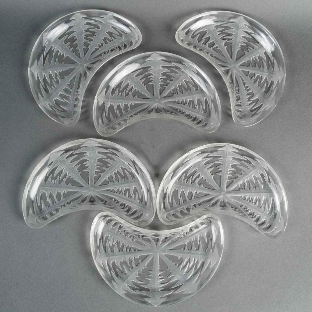 1924 René Lalique – 6 Assiettes à Salade Pissenlit Verre Blanc 7