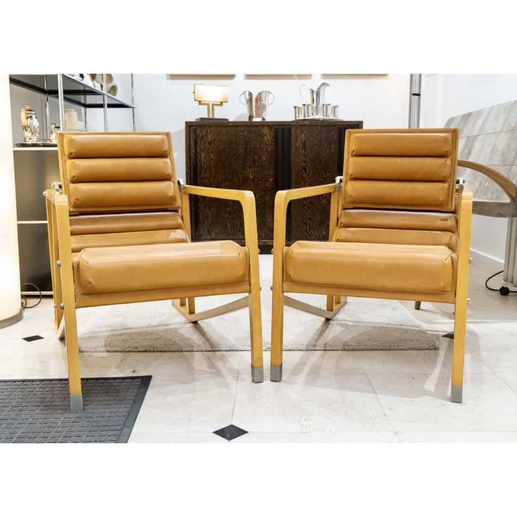 Eileen Gray – Ecart International – Paire De Transats Cuir Gold Et Bois Naturel 4