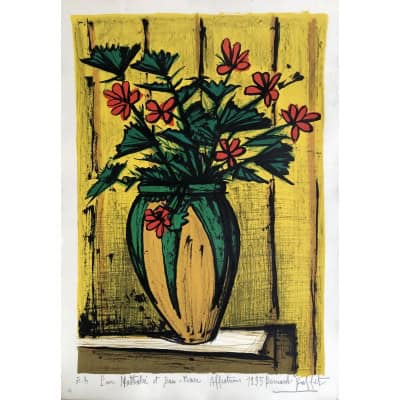 BUFFET Bernard Bouquet de fleurs dans une potiche Lithographie Couleurs Signée Certificat D’authenticité 3