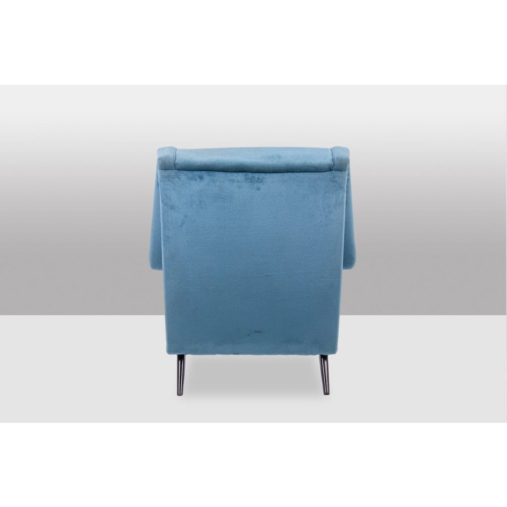 Fauteuil en velours bleu, piètement en hêtre. Années 1950. LS4410409A 6