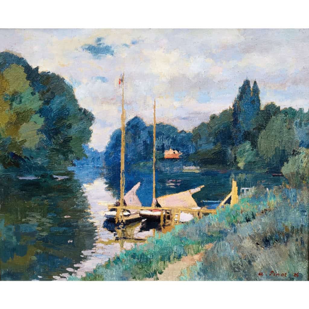 PINOT Albert La Seine à Argenteuil en 1926 Huile sur toile signée datée titrée Certificat d’authenticité 13