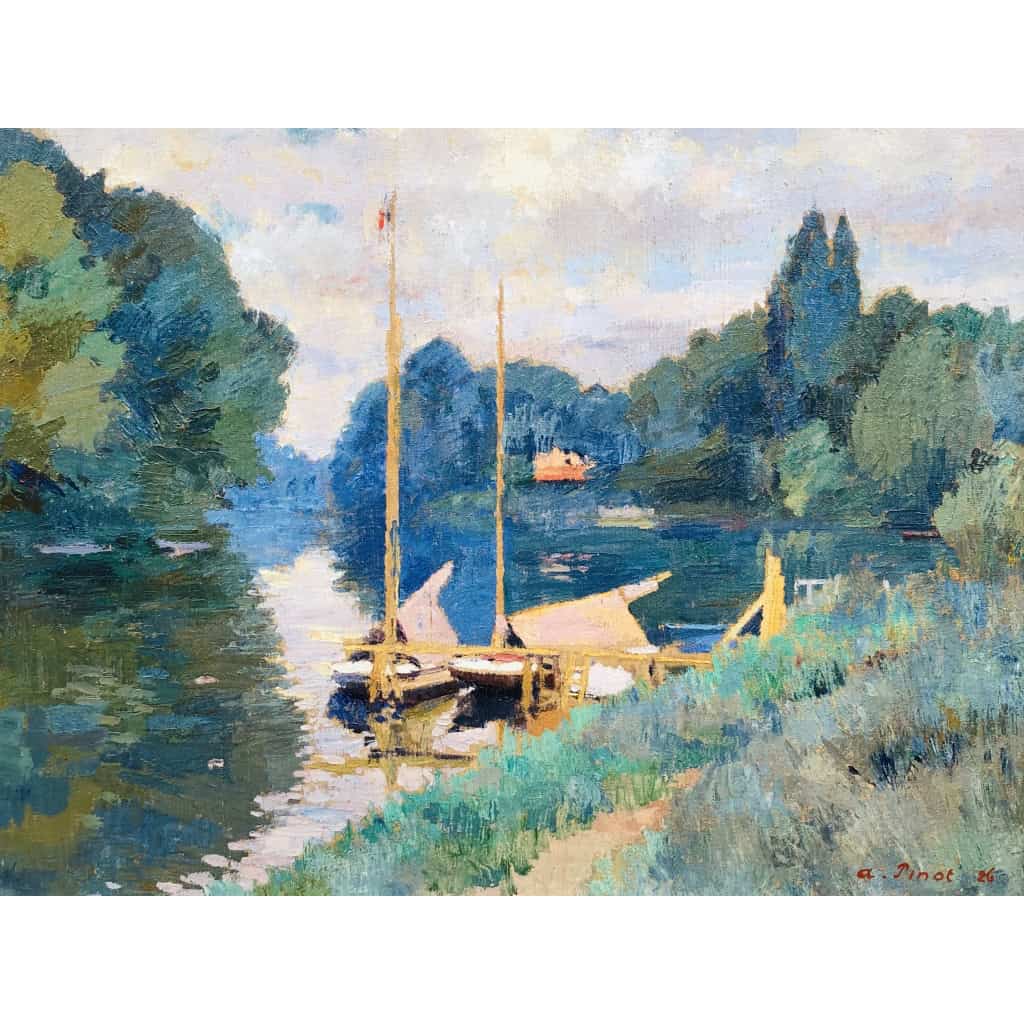 PINOT Albert La Seine à Argenteuil en 1926 Huile sur toile signée datée titrée Certificat d’authenticité 12