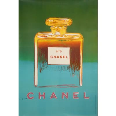 Affiche Originale, d’après Andy Warhol, Chanel N°5, Pop Art, Mode, Luxe, Couture, Parfum, Eau de Toilette, Odeur, Vert, Bleu, 1997