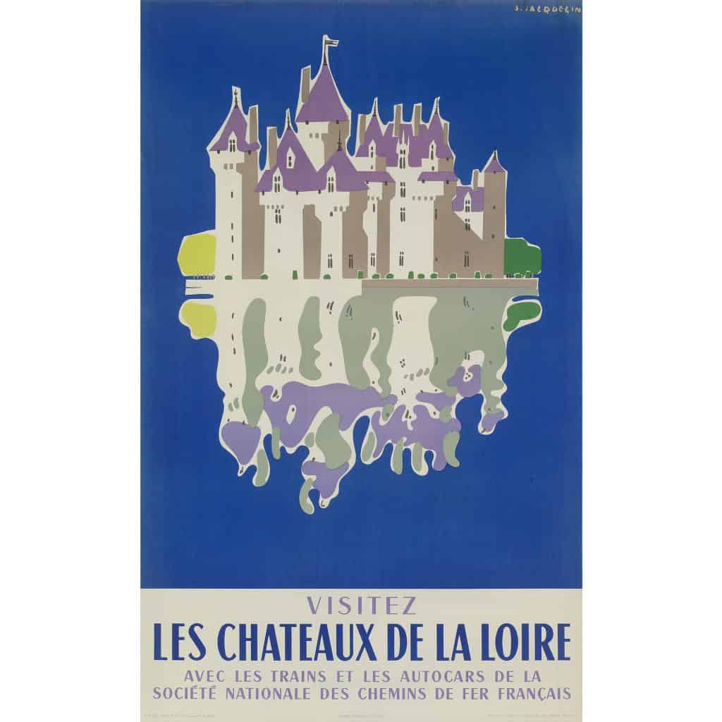 Affiche Tourisme Originale, Jean Jacquelin, Chemins de Fer, SNCF, Châteaux de la Loire, Transport, Voyage, Trains, Autocars, 1956 3