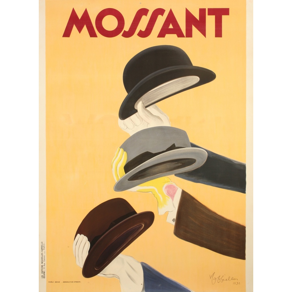 Affiche Originale, Leonetto Cappiello, Mossant, Chapeaux, Chapelier, Chapellerie, Mode, Couture, Textile, Accessoire, Feutre, Homme, Gentleman, Costume, Gants, 1938 3