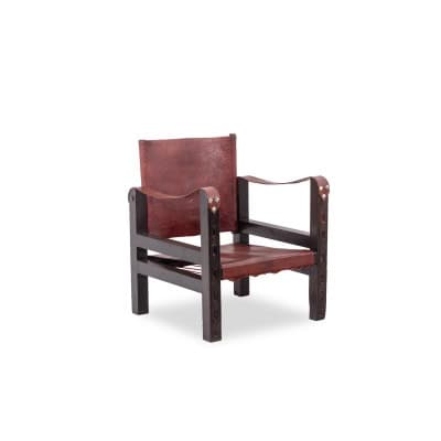 Fauteuil « Safari » en bois et cuir cognac. Années 1960/70.