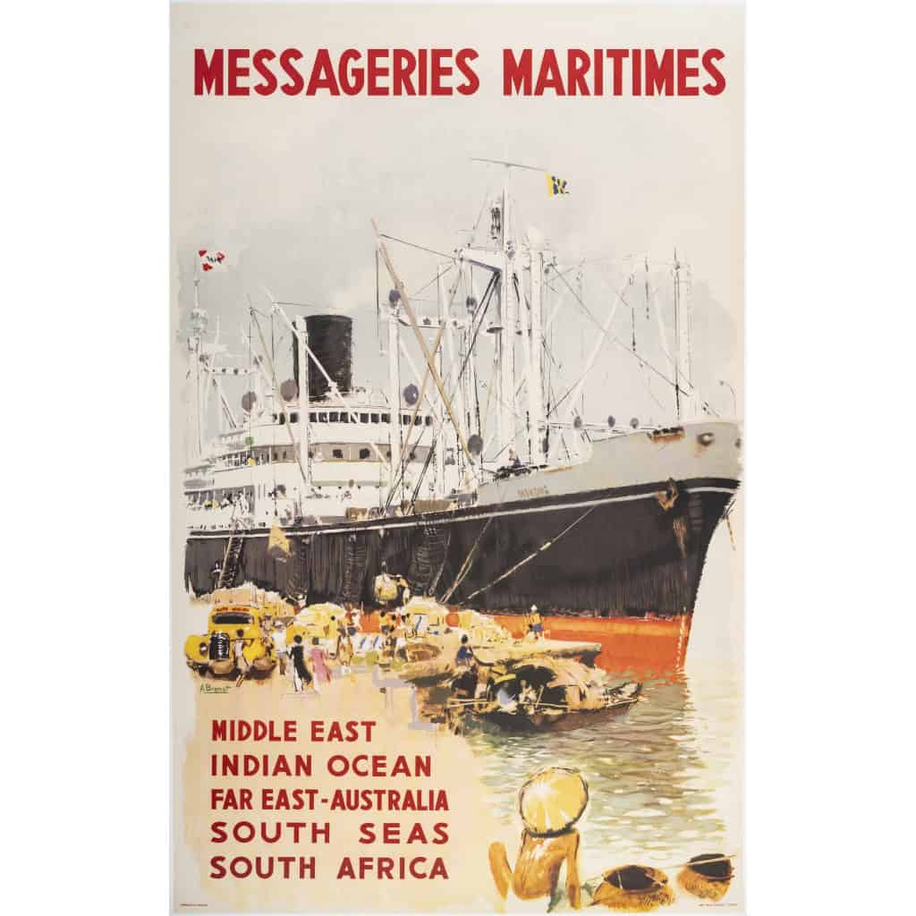 Affiche Tourisme Originale, Albert Brenet, Messageries Maritimes, Transport, Voyage, Croisière, Moyen-Orient, Océan Indien, Extrême-Orient, Australie, Afrique du Sud, Navire, Bateau, Paquebot, 1959 3