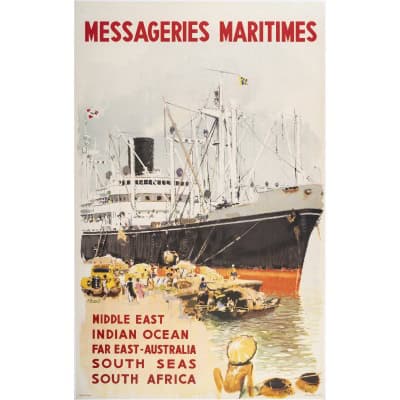 Affiche Tourisme Originale, Albert Brenet, Messageries Maritimes, Transport, Voyage, Croisière, Moyen-Orient, Océan Indien, Extrême-Orient, Australie, Afrique du Sud, Navire, Bateau, Paquebot, 1959