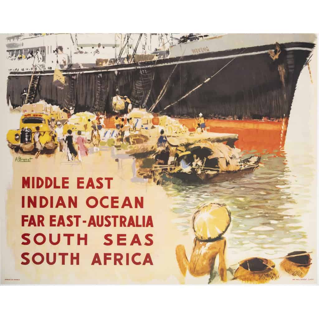 Affiche Tourisme Originale, Albert Brenet, Messageries Maritimes, Transport, Voyage, Croisière, Moyen-Orient, Océan Indien, Extrême-Orient, Australie, Afrique du Sud, Navire, Bateau, Paquebot, 1959 6