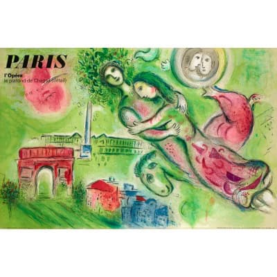 Affiche Tourisme Originale, Marc Chagall, Paris, Opéra, Roméo et Juliette, Couple, Cheval, Arc de Triomphe, Concorde, Plafond, 1964