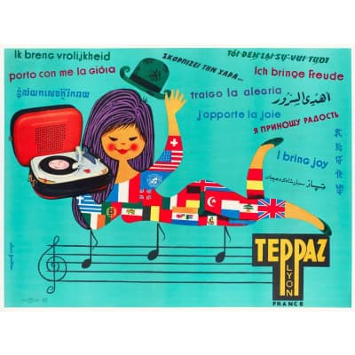 Affiche Originale, Alain Gauthier, Teppaz, Musique, Instrument, Electrophone, Tourne-Disque, Platine, Disques, Partition, Femme, Drapeaux, Joie, Lyon, c.1960 3