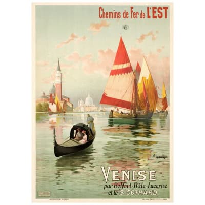 Affiche Tourisme Originale, Hugo d’Alési, Venise, Chemins de Fer, Transport, Voyage, Trains, Gondole, Voilier, Le Pô, Basilique Saint-Marc, Palais des Doges, Italie, c.1890