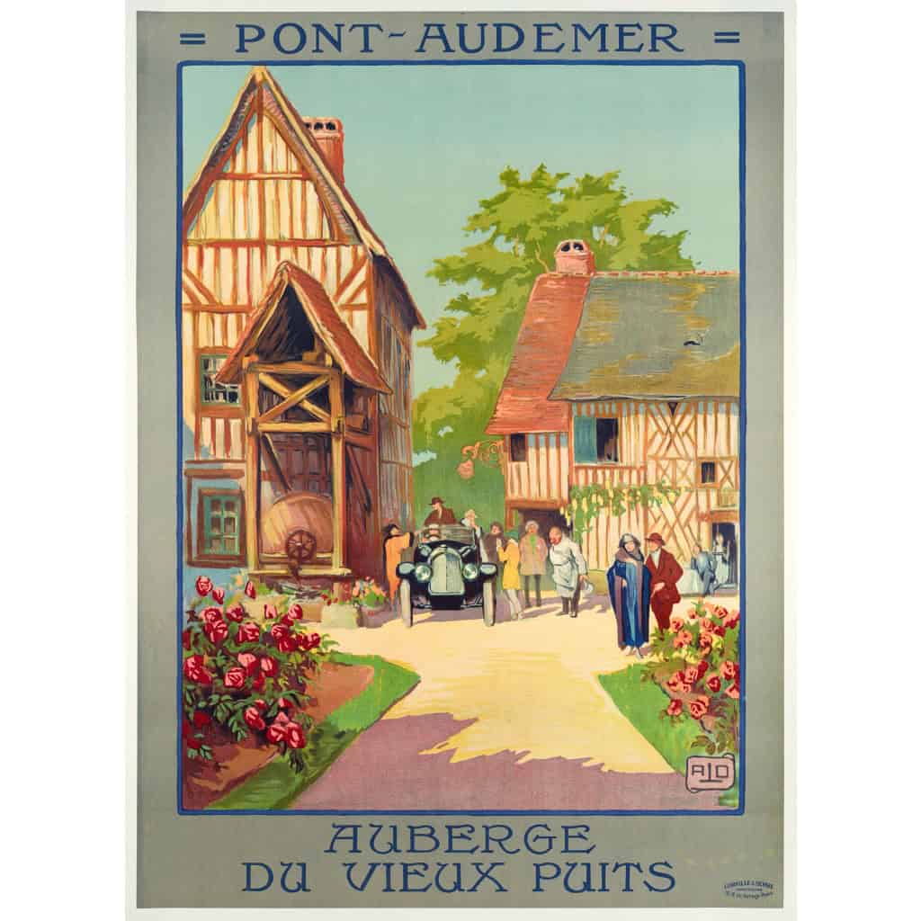 Affiche Tourisme Originale, Alo, Pont-Audemer, Auberge du Vieux Puits, Voyage, Normandie, Petite Venise, Automobile, Colombages, 1922 3