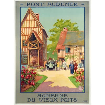 Affiche Tourisme Originale, Alo, Pont-Audemer, Auberge du Vieux Puits, Voyage, Normandie, Petite Venise, Automobile, Colombages, 1922