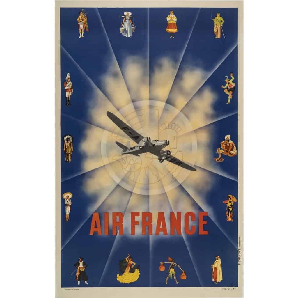 Affiche Air France Originale, Voyage, Transport, Aviation, International, Avion, Vol, Dewoitine, Costumes, Flamenco, Kimono, Sombrero, Kilt, 1935 3