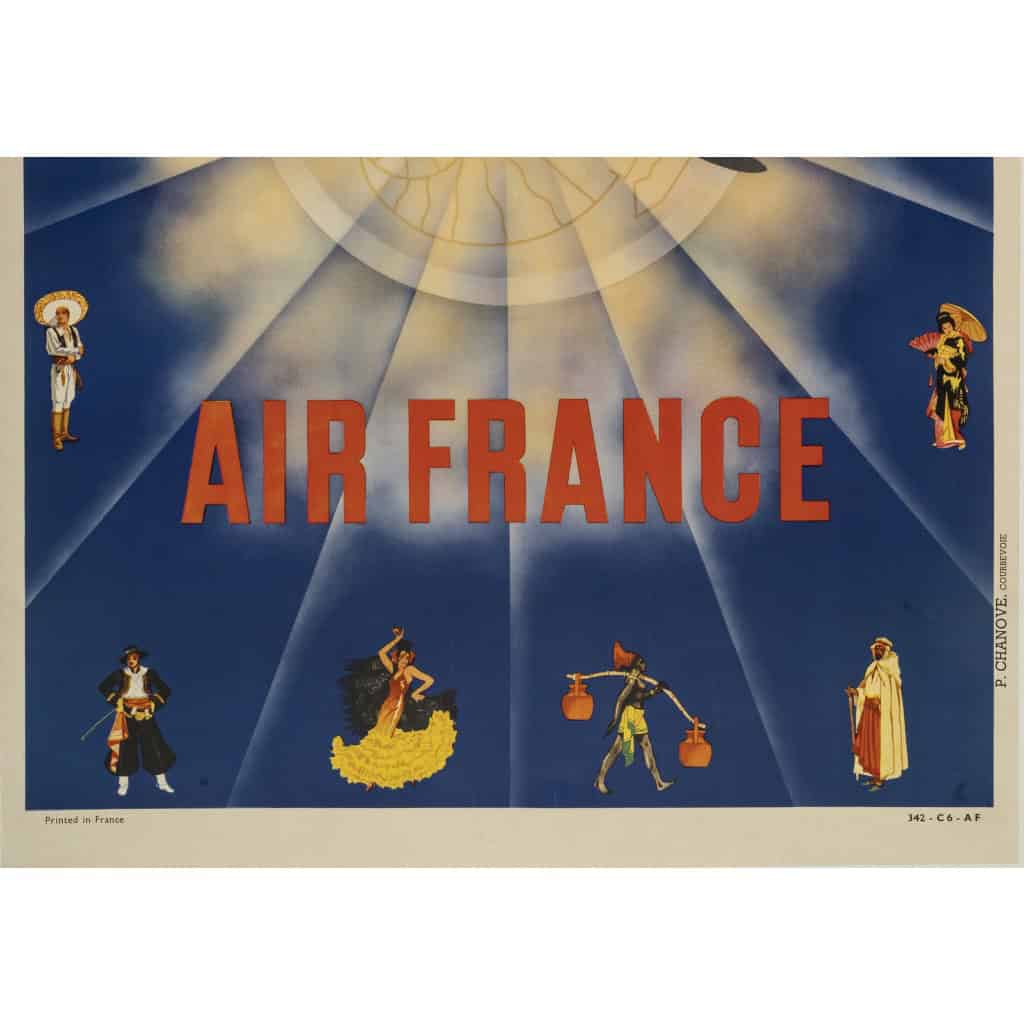 Affiche Air France Originale, Voyage, Transport, Aviation, International, Avion, Vol, Dewoitine, Costumes, Flamenco, Kimono, Sombrero, Kilt, 1935 5