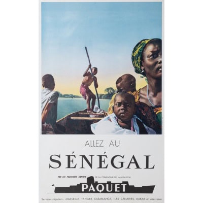 Affiche Tourisme Originale, Compagnie de Navigation Paquet, Transport, Voyage, Croisière, Sénégal, Marseille, Tanger, Casablanca, Iles Canaries, Dakar, Navire, Bateau, Paquebot, c.1955