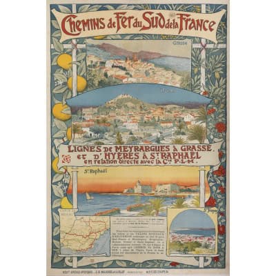 Affiche Tourisme Originale, Art Nouveau, Chemins de Fer du Sud, PLM, Transport, Voyage, Trains, Côte d’Azur, Grasse, Hyères, St Raphaël, St Tropez, Meyrargues, Fleurs, Citron, Citronnier, Olive, c.1890