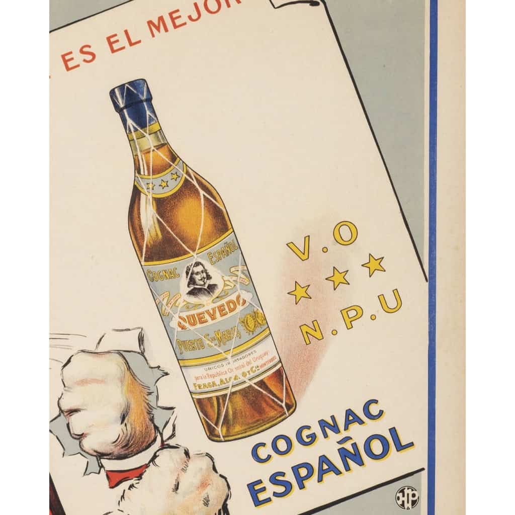 Affiche Originale, Cognac Quevedo, Alcool, Liqueur, Spiritueux, Eau de Vie, Vin, Distillerie, Boisson, Bouteille, Francisco de Quevedo, Chat, Costume, c.1920 7