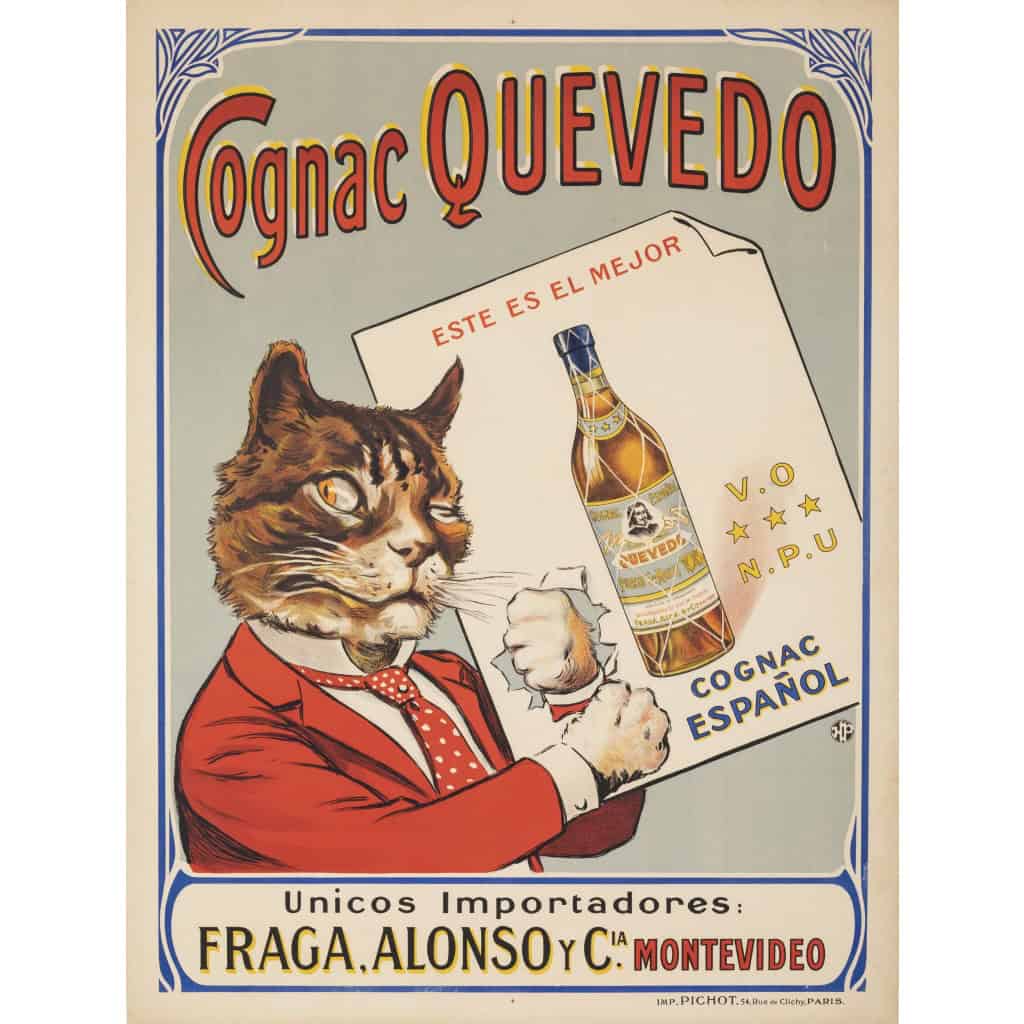 Affiche Originale, Cognac Quevedo, Alcool, Liqueur, Spiritueux, Eau de Vie, Vin, Distillerie, Boisson, Bouteille, Francisco de Quevedo, Chat, Costume, c.1920 3