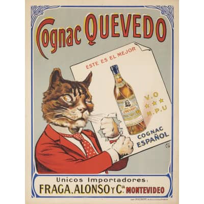 Affiche Originale, Cognac Quevedo, Alcool, Liqueur, Spiritueux, Eau de Vie, Vin, Distillerie, Boisson, Bouteille, Francisco de Quevedo, Chat, Costume, c.1920