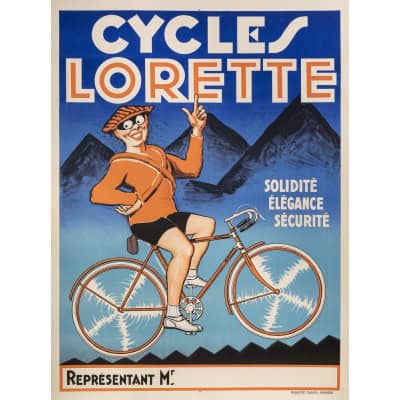 Affiche Originale, Cycles Lorette, Cyclisme, Cycliste, Bicyclette, Vélo, Deux Roues, Coureur, Montagne, c.1925