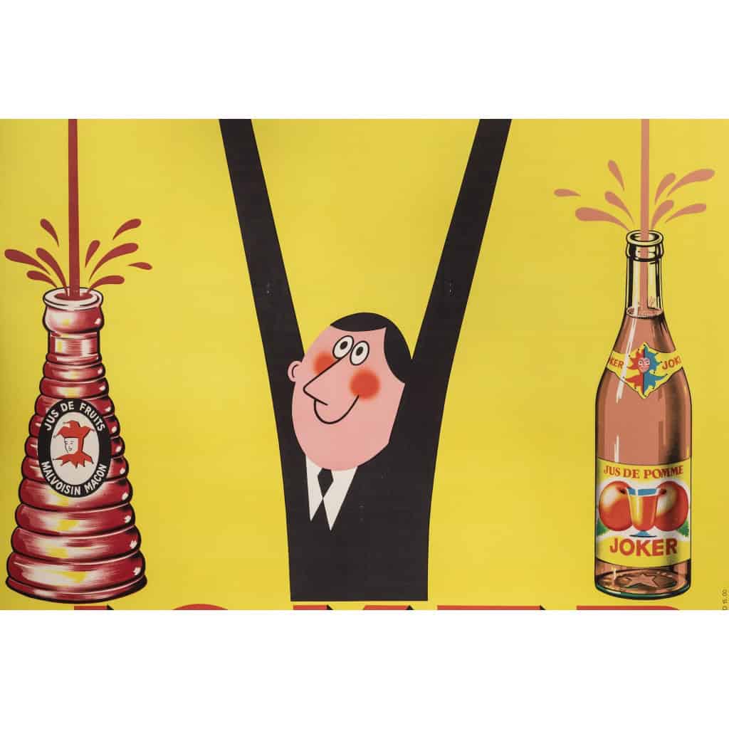 Affiche Originale, Rick Cursat, Joker, Jus de Fruits, Boisson, Bouteille, Pomme, Raisin, Grappe, Agrume, Liquide, Mâcon, c.1960 5