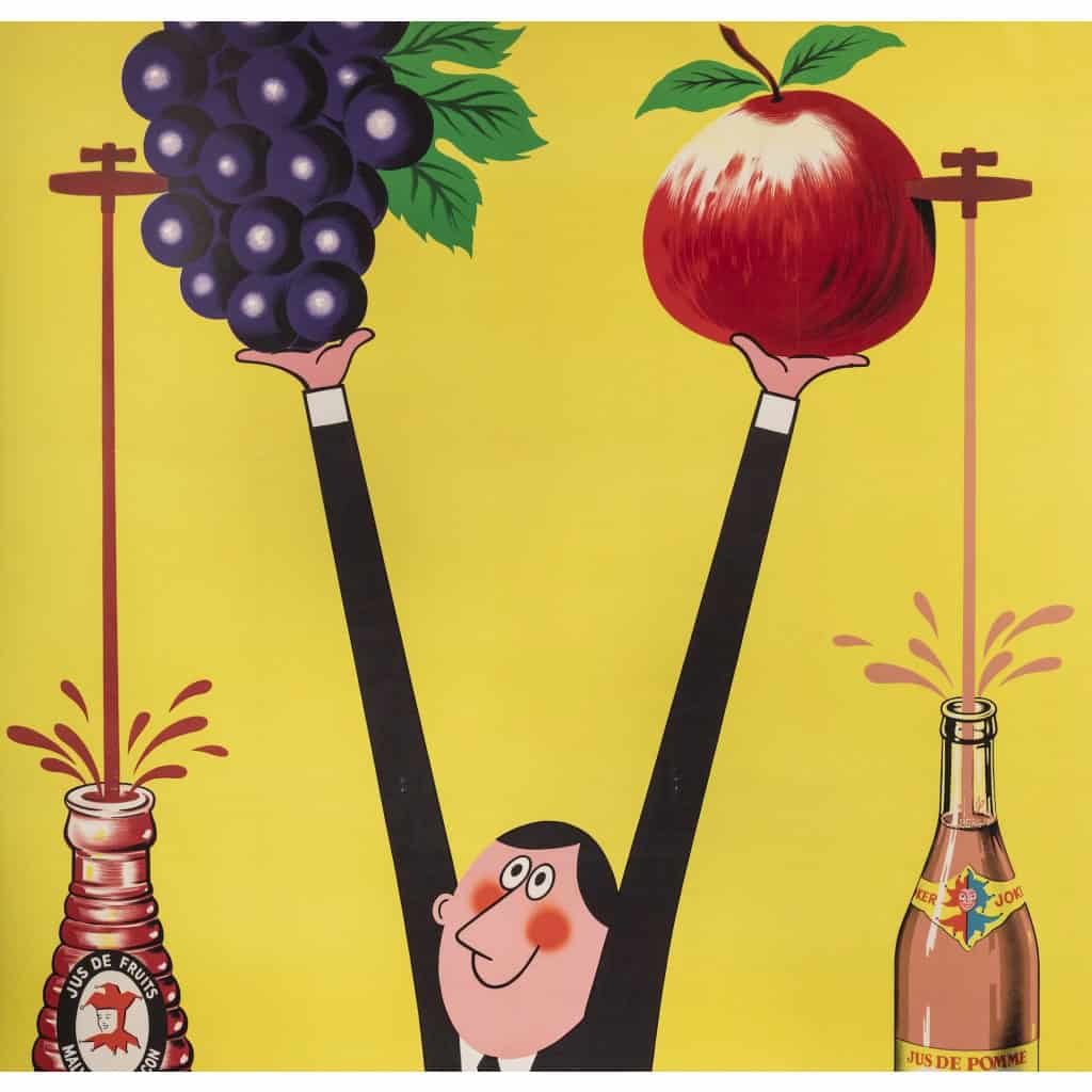 Affiche Originale, Rick Cursat, Joker, Jus de Fruits, Boisson, Bouteille, Pomme, Raisin, Grappe, Agrume, Liquide, Mâcon, c.1960 4