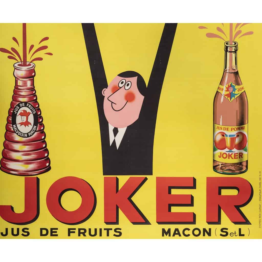 Affiche Originale, Rick Cursat, Joker, Jus de Fruits, Boisson, Bouteille, Pomme, Raisin, Grappe, Agrume, Liquide, Mâcon, c.1960 6