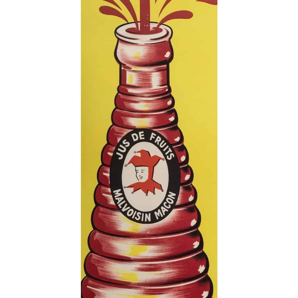 Affiche Originale, Rick Cursat, Joker, Jus de Fruits, Boisson, Bouteille, Pomme, Raisin, Grappe, Agrume, Liquide, Mâcon, c.1960 7