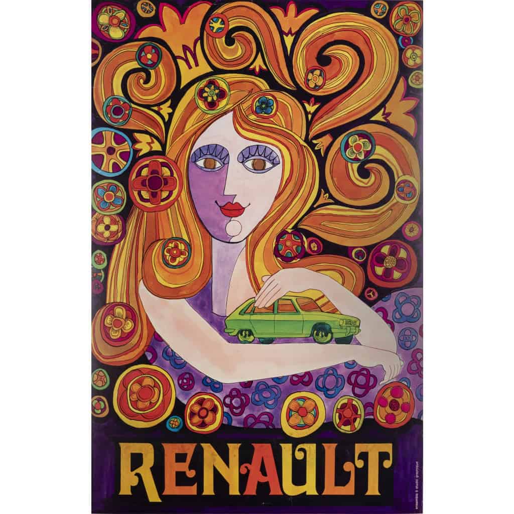 Affiche Originale, Renault, Automobile, Voiture, Véhicule, Renault 16, Constructeur, Transport, Hippie, Femme, Cheveux, Psychédelique, Bohème, 1970 3