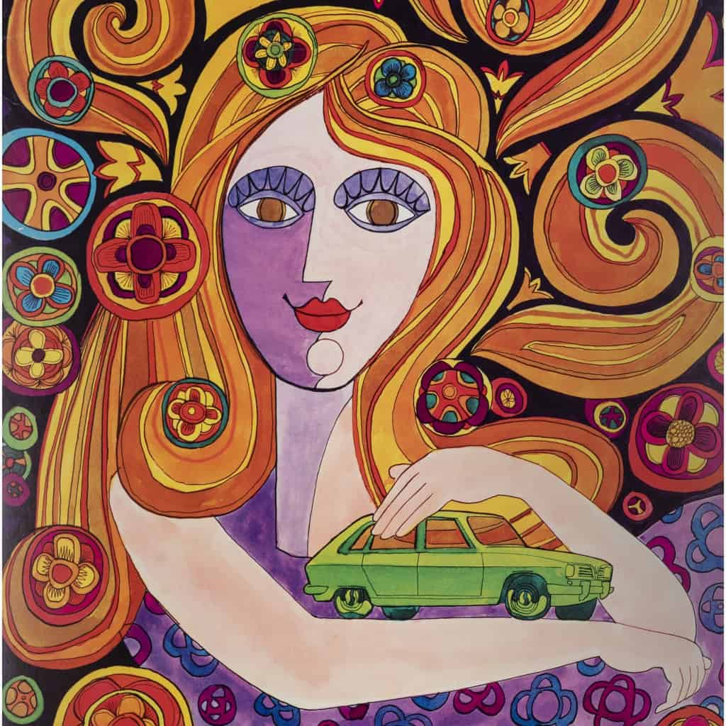 Affiche Originale, Renault, Automobile, Voiture, Véhicule, Renault 16, Constructeur, Transport, Hippie, Femme, Cheveux, Psychédelique, Bohème, 1970 4